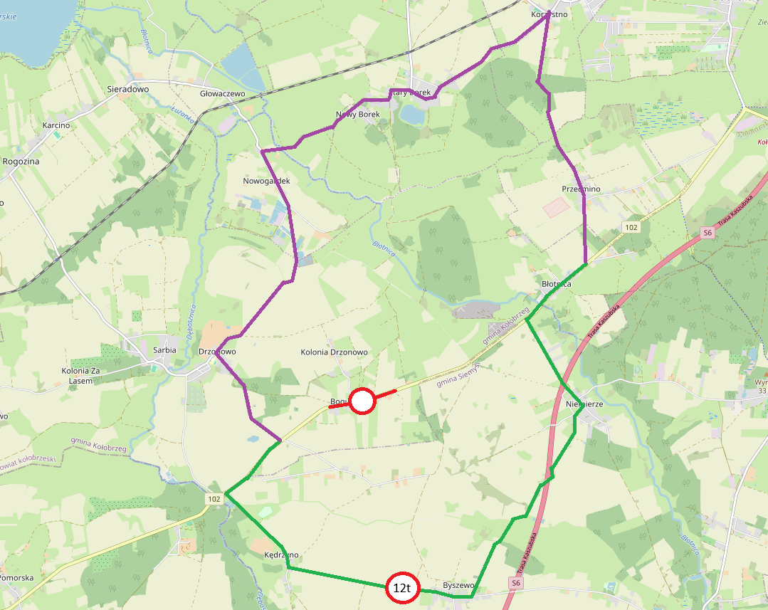 Mapka zamknięta droga w Bogusławcu