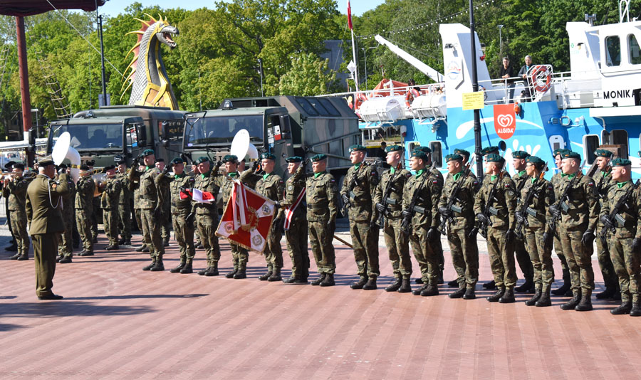 Żołnierze w mundurach stoją w szeregu, przed nimi oficer, który salutuje w ich kierunku. Za nimi widać duże łodzie stojące w porcie. 