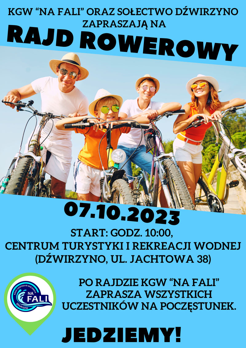 Niebieski plakat ze zdjęciem rodziny na rowerach